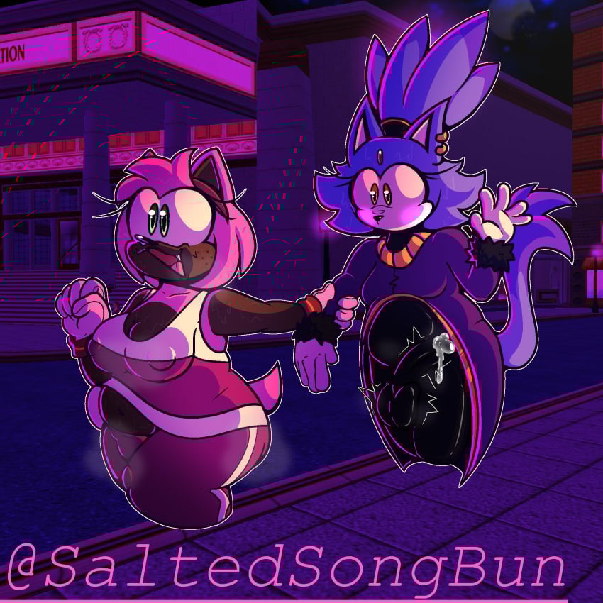 amy_rose anthro arm_grab balls blaze_the_cat bodily_fluids bottomwear brown_body brown_skin bulge caramelody clothing coat domestic_cat duo erection erection_under_clothing eulipotyphlan felid feline felis female freckled_face freckles genital_fluids genitals gloves green_eyes gynomorph hair handwear hedgehog hi_res intersex intersex/female jewelry mammal musk musk_clouds necklace nipples_visible_through_clothing orange_eyes pants penis photo_background photography_(artwork) pink_body ponytail precum purple_body sega shirt smile sonic_(series) sonic_the_hedgehog_(series) tail topwear