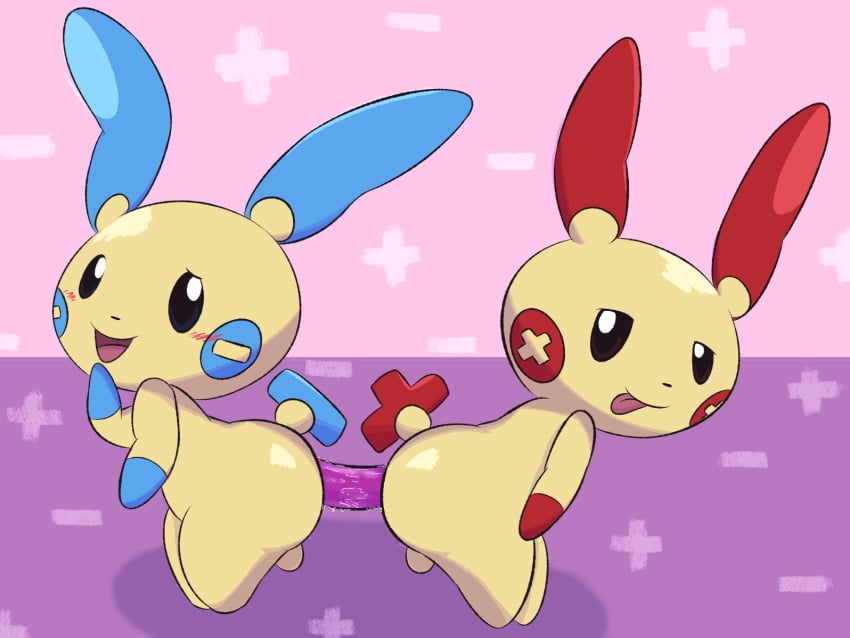 2020 anal anal_fluids anal_sex animal_humanoid ass balls bent_over big_butt big_head blush bodily_fluids dildo dildo_in_ass dildo_insertion double_dildo_in_ass duo featureless_feet featureless_hands feet full-length_portrait generation_3_pokemon genitals gloves_(marking) hand_to_mouth humanoid looking_at_viewer male male/male male_humanoid markings masturbation mincheeto minun minus_sign nintendo nude object_in_ass open_mouth open_smile penetration plus_sign plusle pokemon pokemon_(species) portrait sex sex_toy sex_toy_in_ass sex_toy_insertion sharing_dildo sharing_sex_toy side_view smile tongue tongue_out toying_partner toying_self