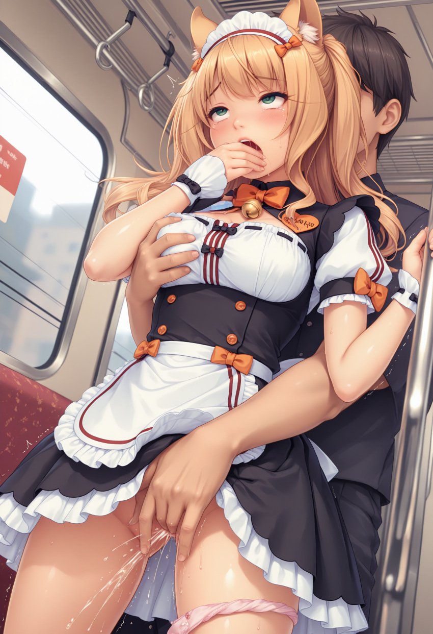 1boy 1girls ai_generated animal_ears blush cat_ears catgirl covering_mouth female female_ejaculation fingering fully_clothed grabbing grabbing_another's_breast grabbing_breasts grabbing_from_behind maid maid_headdress maid_outfit maid_uniform male maple_(sayori) neck_bell neck_ribbon nekopara panties_around_leg panties_around_one_leg questionable_consent squirting stable_diffusion tears train train_interior tremble_spikes trembling