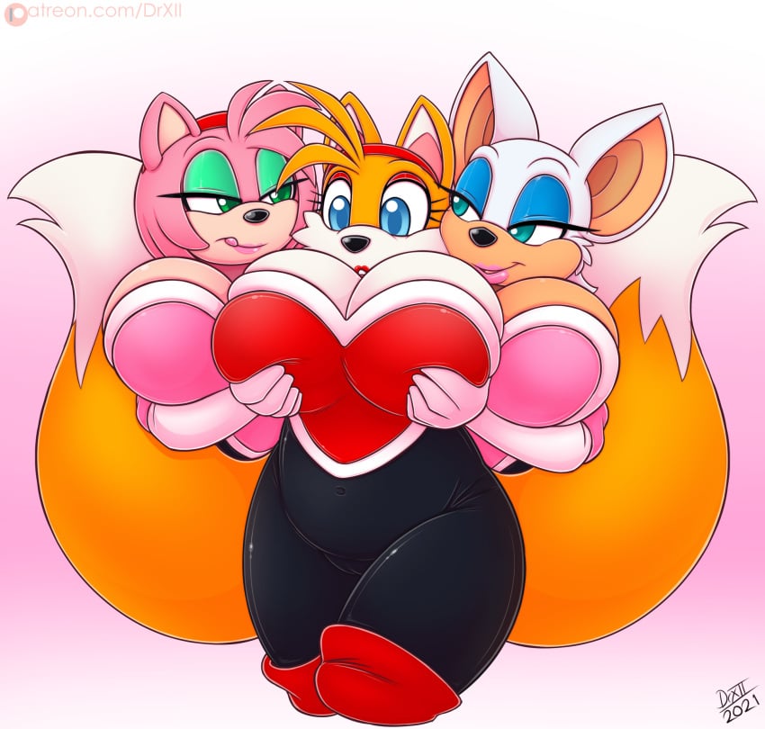 2021 amy_rose anthro bat big_breasts blue_eyes breast_grab breasts canid canine clothed clothing digital_media_(artwork) drxii eulipotyphlan female female/female fox fur gloves green_eyes group hand_on_breast handwear hedgehog hi_res huge_breasts mammal miles_prower miles_tails_prower mtf_crossgender open_mouth portrait rouge_the_bat rouge_the_bat_(cosplay) rule_63 sega simple_background sonic_(series) sonic_the_hedgehog_(series) tails tails_the_fox tailsko three-quarter_portrait tongue trio
