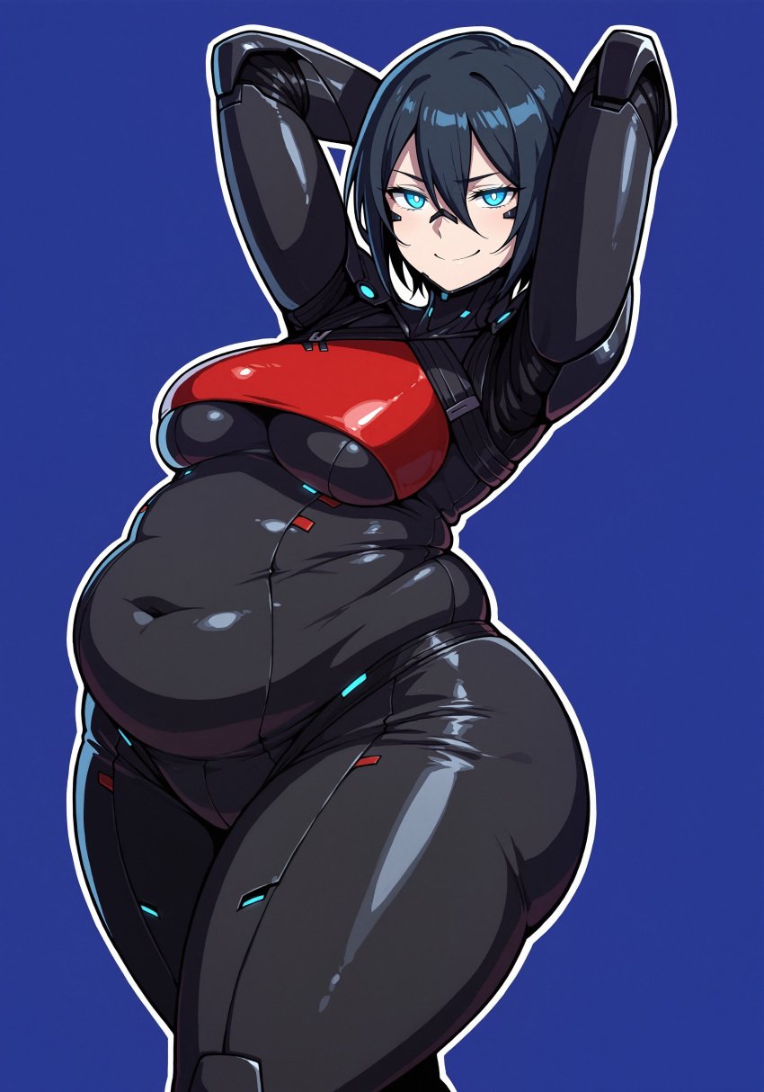 ai_assisted ai_generated ben03020 big_belly big_breasts breasts chubby chubby_female cyborg elster_(signalis) fat female glowing_eyes hands_behind_head highres robot robot_joints signalis thick_thighs underboob