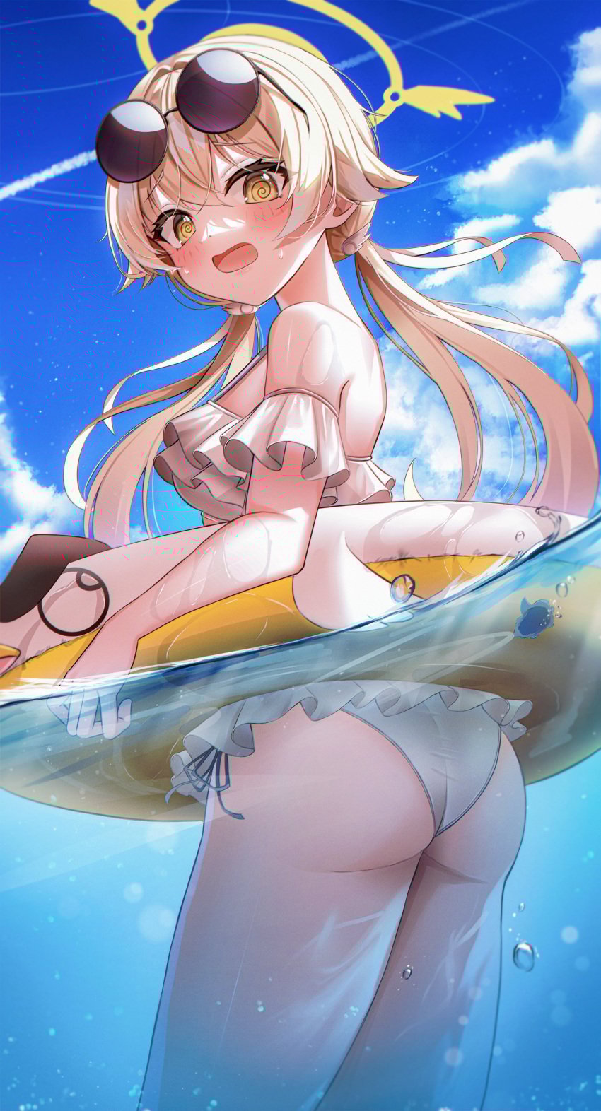 ass ass_focus big_ass blue_archive blush blushing hifumi_(swimsuit)_(blue_archive) high_resolution li_se looking_at_viewer sunglasses_on_head swimming swimsuit water wet