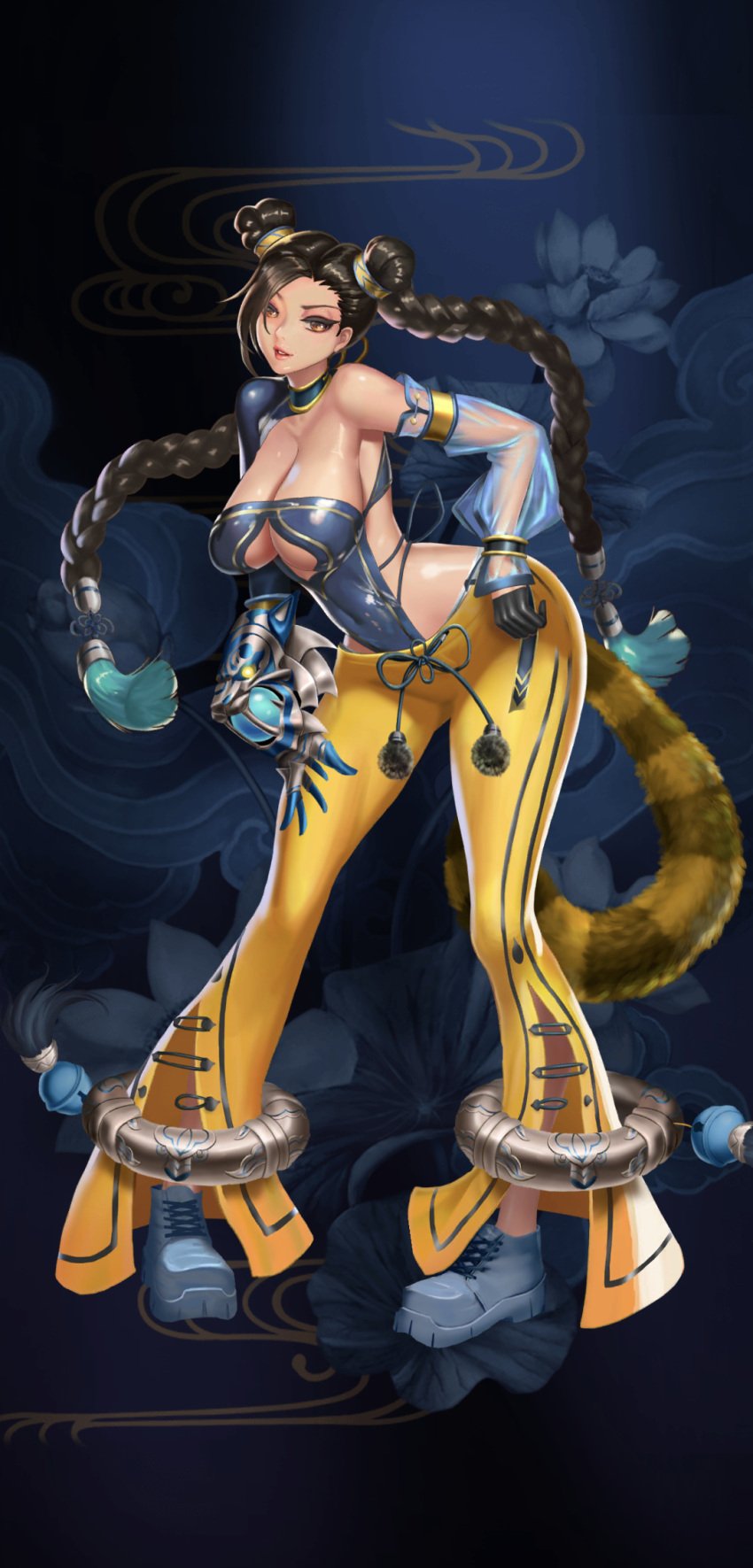 1girls 9:16 bell_bottoms_(pants) big_breasts breasts brown_hair clothed exposed_breasts female game_cg hsiwei_(king_of_kinks) king_of_kinks nutaku orange_eyes pants shoes tagme