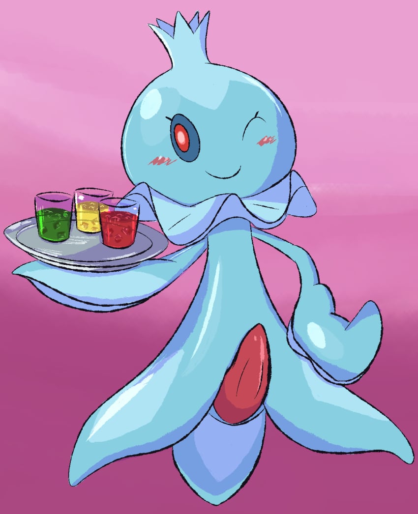 2020 anthro beverage blue_sclera blush cnidarian erection food frillish front_view full-length_portrait generation_5_pokemon genitals hand_on_hip hi_res holding_platter ice ice_cube looking_at_viewer male male_anthro marine mincheeto nintendo offering_food one_eye_closed penis pokemon pokemon_(species) portrait pseudo_clothing red_eyes serving_tray smile solo solo_male tapering_penis wink winking_at_viewer