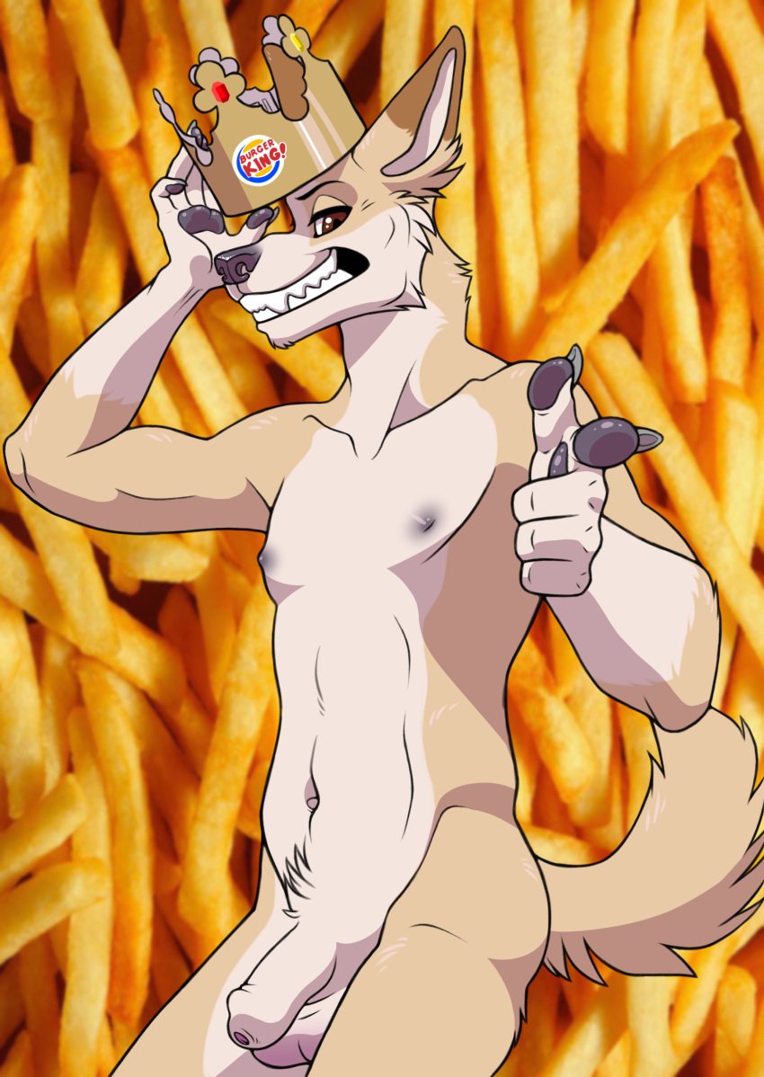 2017 anthro balls brown_eyes brown_fur burger_king canine claws crown dingo flaccid fur grin humanoid_penis kokopelli-kid male male_only mammal navel nipples nude penis photo_background smile solo standing tan_fur uncut white_fur