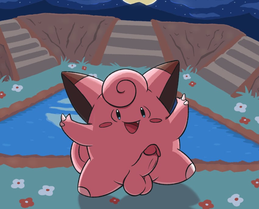 2020 balls big_ears blush blush_stickers claw_fingers clefairy detailed_background dipstick_ears ear_markings erection featureless_feet feet flower front_view full-length_portrait generation_1_pokemon genitals glistening glistening_eyes hi_res humanoid_genitalia humanoid_penis looking_at_viewer male mincheeto moon multicolored_ears night nintendo open_mouth open_smile penis plant pokemon pokemon_(species) pond portrait raised_leg reflection sky smile snaggle_tooth solo star starry_sky water water_reflection