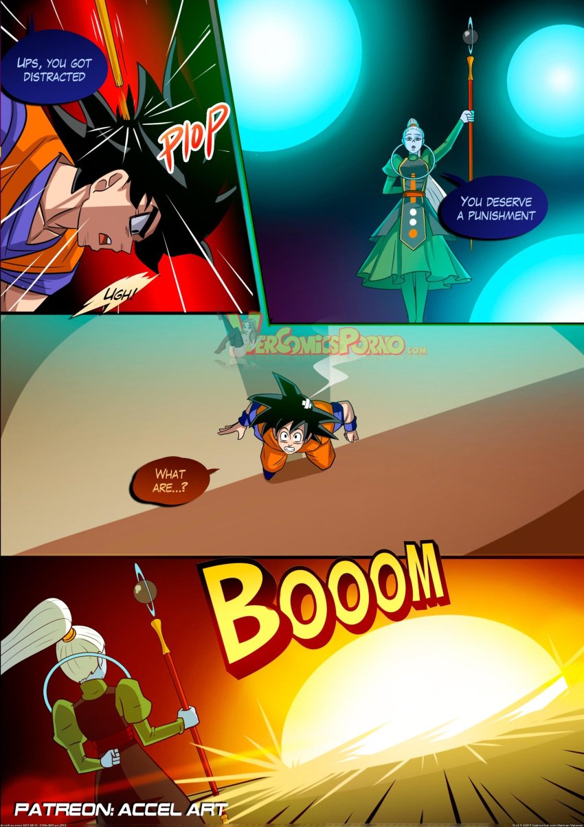 1boy 1girls 2017 accelart alien angel angel_(dragon_ball) black_eyes black_hair blue_skin clothed clothing color colored comic dialogue dragon_ball dragon_ball_super energy energy_ball english_text explosion female fight fighting goku hand_behind_back hand_on_back holding humanoid ki_blast long_hair male male_saiyan motion_lines open_mouth ponytail purple_eyes purple_lips saiyan smile son_goku sound_effects sparring speech_bubble spiky_hair staff text tournament_of_power universe_6/universe_7 vados vercomicsporno very_long_hair watermark white_hair