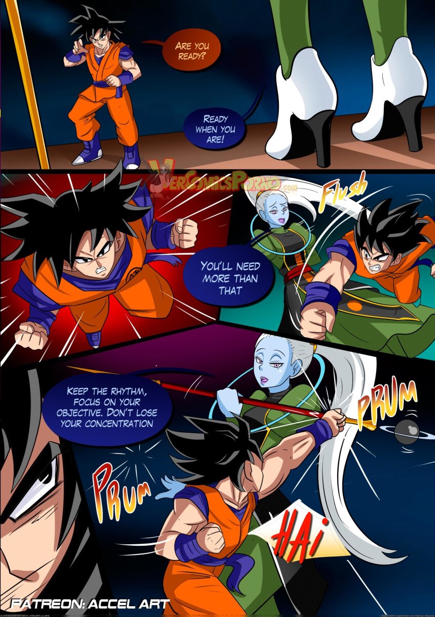 1boy 1girls 2017 accelart alien angel angel_(dragon_ball) black_eyes black_hair blue_skin clothed clothing color colored comic dialogue dragon_ball dragon_ball_super english_text female fight fighting goku heels high_heels holding humanoid long_hair male male_saiyan motion_lines open_mouth ponytail purple_eyes purple_lips saiyan smile son_goku sound_effects sparring speech_bubble spiky_hair staff tagme text tournament_of_power universe_6/universe_7 vados vercomicsporno very_long_hair watermark white_hair white_heels white_high_heels