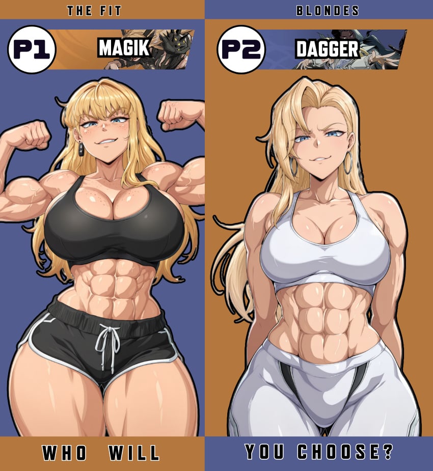 2girls abs absurd_res absurdres ai_assisted ai_generated ass ass_bigger_than_head ass_focus big_ass blonde_hair blue_eyes blush breasts breasts_bigger_than_head caucasian caucasian_female choker closed_mouth closed_mouth_smile curvy dagger dagger_(marvel) dagger_(marvel_rivals) dolphin_shorts female flexing_bicep from_front hourglass_figure huge_ass large_ass large_breasts long_hair looking_at_viewer looking_back magik_(illyana_rasputin) magik_(marvel_rivals) makeup marvel marvel_comics marvel_rivals mature mature_female medium_hair milf multiple_girls muscular muscular_female pale-skinned_female pale_skin posing raleu10 round_ass shiny_skin sideboob simple_background smile smiling smiling_at_viewer smirk smug sports_bra sportswear thick_ass thick_thighs thighs toned_female vs wide_hips yoga_pants