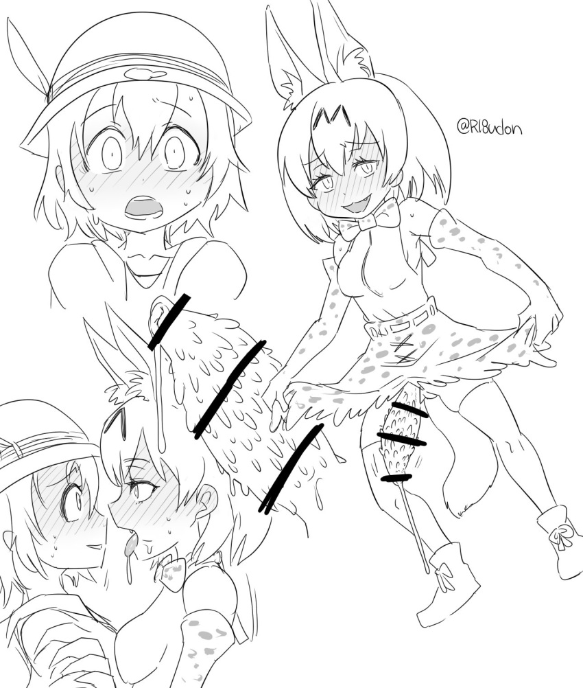 2girls animal_penis barbed_penis futanari highres intersex kaban_(kemono_friends) kemono_friends monochrome multiple_girls penis precum serval_(kemono_friends) tonda