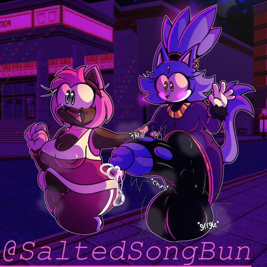 amy_rose anthro arm_grab ass ball_sound_effects balls big_balls big_penis blaze_the_cat bodily_fluids bottomwear brown_body brown_skin caramelody churn churning_balls clothing coat domestic_cat duo erection eulipotyphlan expansion felid feline felis female freckled_face freckles genital_expansion genital_fluids genitals gloves green_eyes gurgling_balls gynomorph hair handwear hedgehog hi_res huge_balls huge_cock intersex intersex/female jewelry mammal musk musk_clouds necklace nipples_visible_through_clothing orange_eyes pants penis penis_expansion photo_background photography_(artwork) pink_body ponytail precum precum_on_butt purple_body saltedsongbun sega shirt smile sonic_(series) sonic_the_hedgehog_(series) tail throbbing throbbing_penis topwear torn_clothing