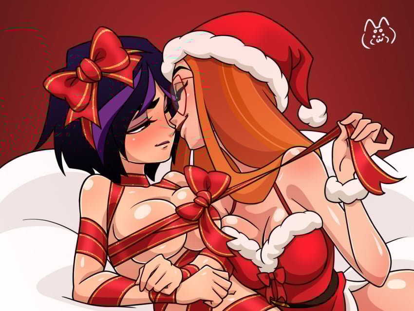 2girls bare_arms bare_legs bare_shoulders bare_thighs big_breasts big_hero_6 black_hair blush christmas_hat christmas_outfit color disney female female_focus female_only glasses gogo_tomago hi_res honey_lemon large_breasts light-skinned_female light_skin long_hair orange_hair saro short_hair tagme yuri