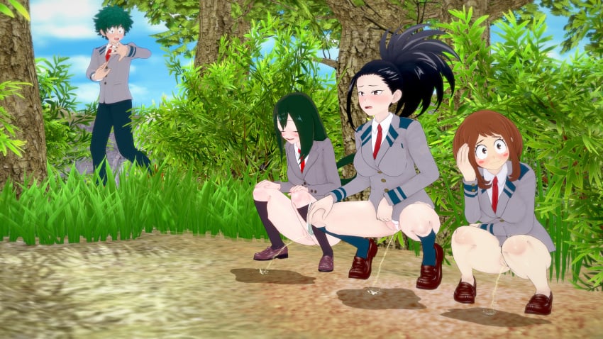 1boy 1boy3girls 1male 3d 3d_(artwork) 3females 3girls 3girls1boy asui_tsuyu averting_eyes black_hair blush boku_no_hero_academia brown_hair closed_eyes creati_(mha) deku female forest froppy green_hair izuku_midoriya koikatsu light-skinned_female light-skinned_male light_skin looking_away lucky male masterxploder masterxploder_(artst) midoriya_izuku momo_yaoyorozu my_hero_academia ochako_uraraka omorashi panties_around_leg panties_around_one_leg panties_aside pee peeing piss pissing_on_floor public public_exposure public_indecency public_urination pussy shielding_eyes tsuyu_asui u.a._school_uniform uraraka_ochako uravity urinating urinating_female urination urine urine_stream vagina walking_in_on watersports yaoyorozu_momo