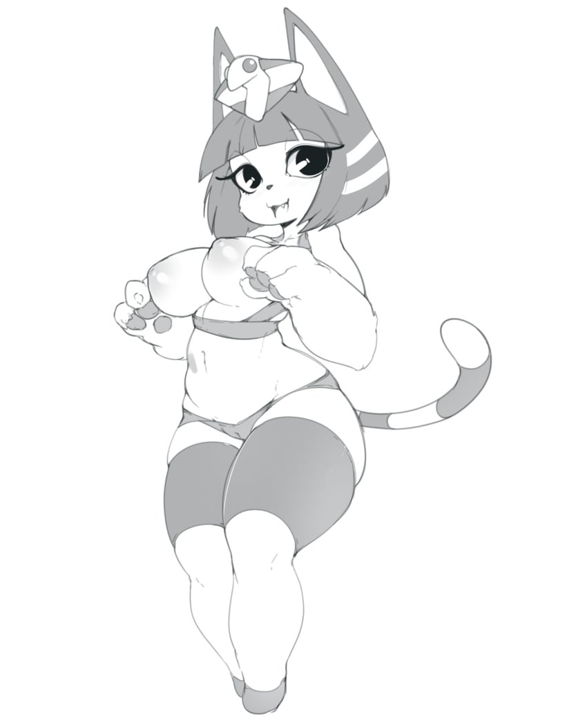 alternate_body_type alternate_breast_size animal_crossing ankha anthro big_breasts big_forearms big_hands breasts cameltoe clothed clothing egyptian feline female greyscale hair mammal monochrome navel nintendo nipples panties simple_background slugbox thick_thighs topless underwear video_games white_background wide_hips