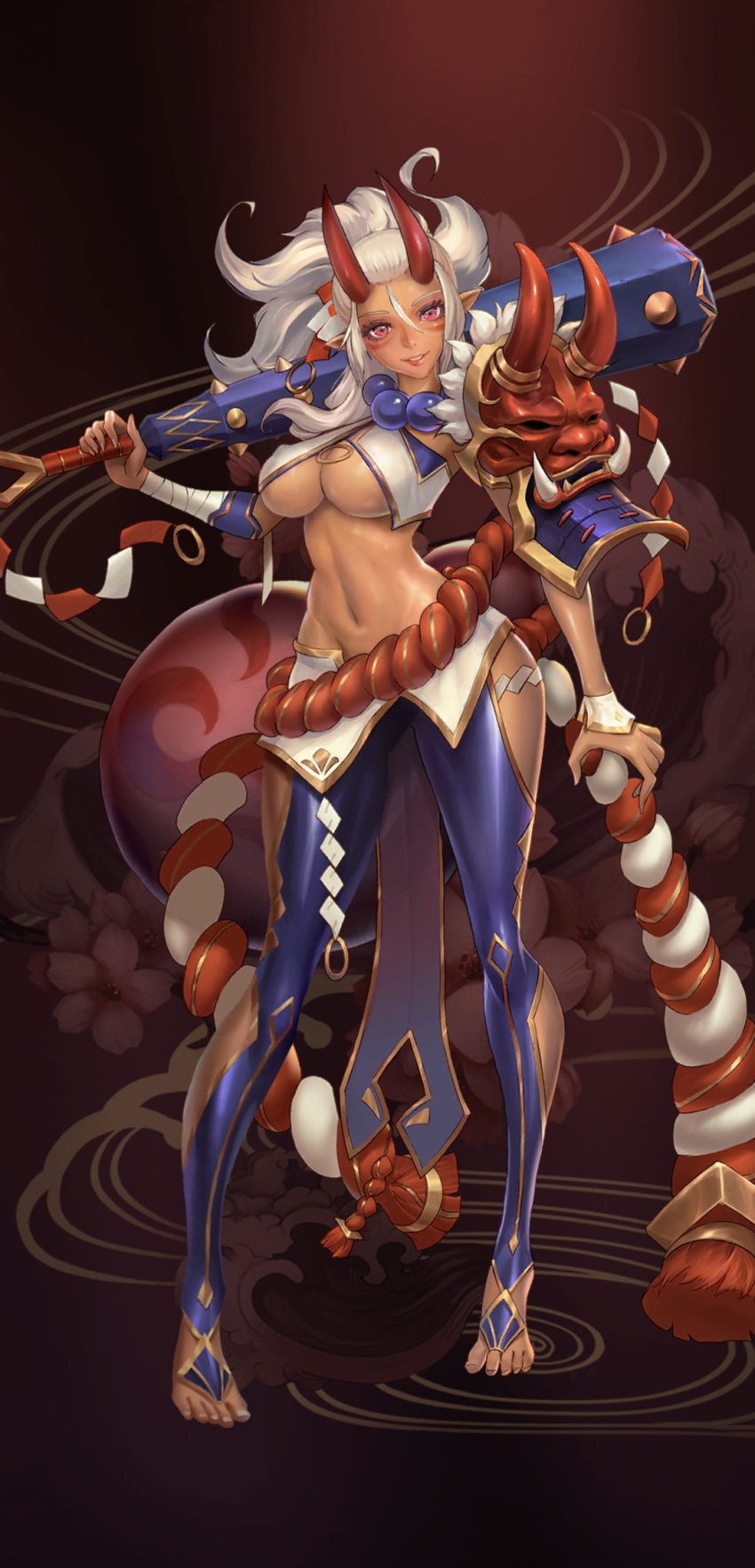 1girls 9:16 asaka_(king_of_kinks) belly breasts clothed dark_skin exposed_breasts feet female game_cg horns king_of_kinks nutaku red_eyes stockings tagme white_hair