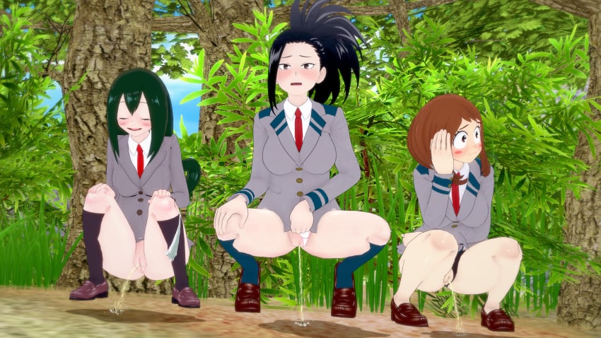 3d 3d_(artwork) 3females 3girls asui_tsuyu averting_eyes black_hair blush boku_no_hero_academia brown_hair closed_eyes creati_(mha) female forest froppy green_hair koikatsu light-skinned_female light_skin looking_away lucky masterxploder masterxploder_(artst) momo_yaoyorozu my_hero_academia ochako_uraraka omorashi panties_around_leg panties_around_one_leg panties_aside pee peeing piss pissing_on_floor public public_exposure public_indecency public_urination pussy shielding_eyes tsuyu_asui u.a._school_uniform uraraka_ochako uravity urinating urinating_female urination urine urine_stream vagina walking_in_on watersports yaoyorozu_momo