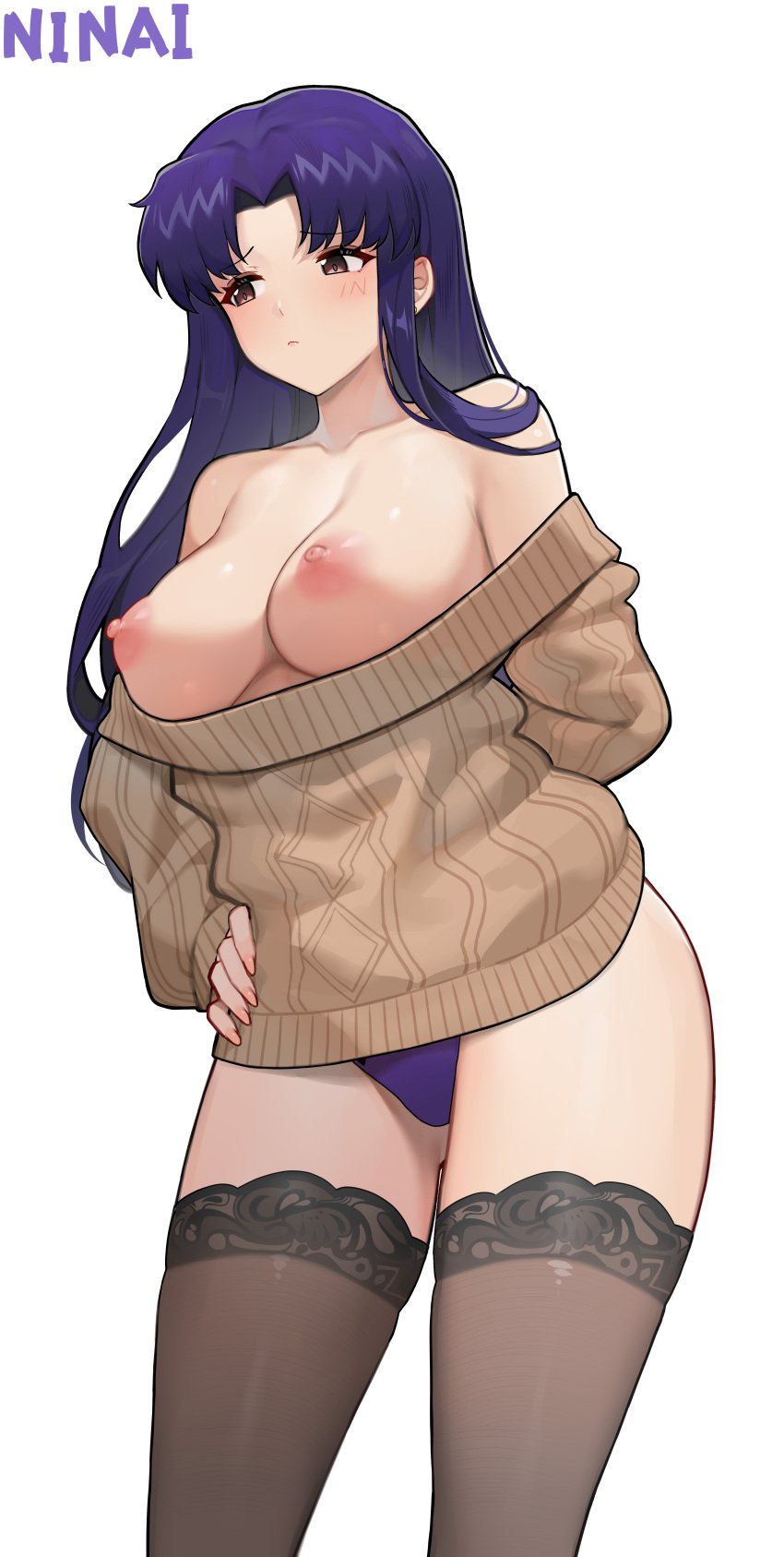 absurdres arm_behind_back artist_name bare_shoulders black_thighhighs blush breasts brown_eyes brown_sweater commentary dress female hand_on_own_hip highres katsuragi_misato large_breasts long_hair looking_to_the_side neon_genesis_evangelion ninai nipples panties purple_hair purple_panties simple_background solo sweater sweater_dress thighhighs thighs underwear variant_set white_background