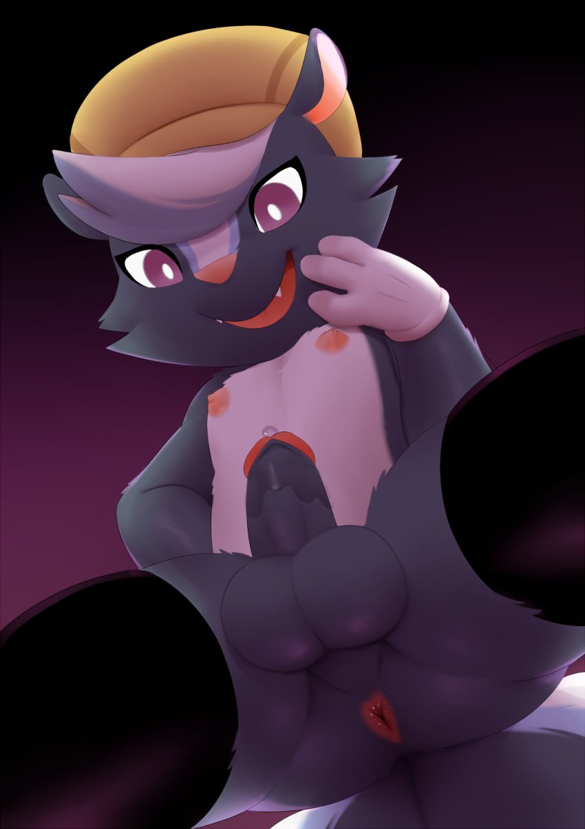 2017 animal_crossing anthro anus balls clothing fangs gloves hair hat hi_res humanoid_penis kicks_(animal_crossing) male male_only mammal manene nintendo nipples open_mouth penis precum purple_eyes skunk solo video_games white_hair