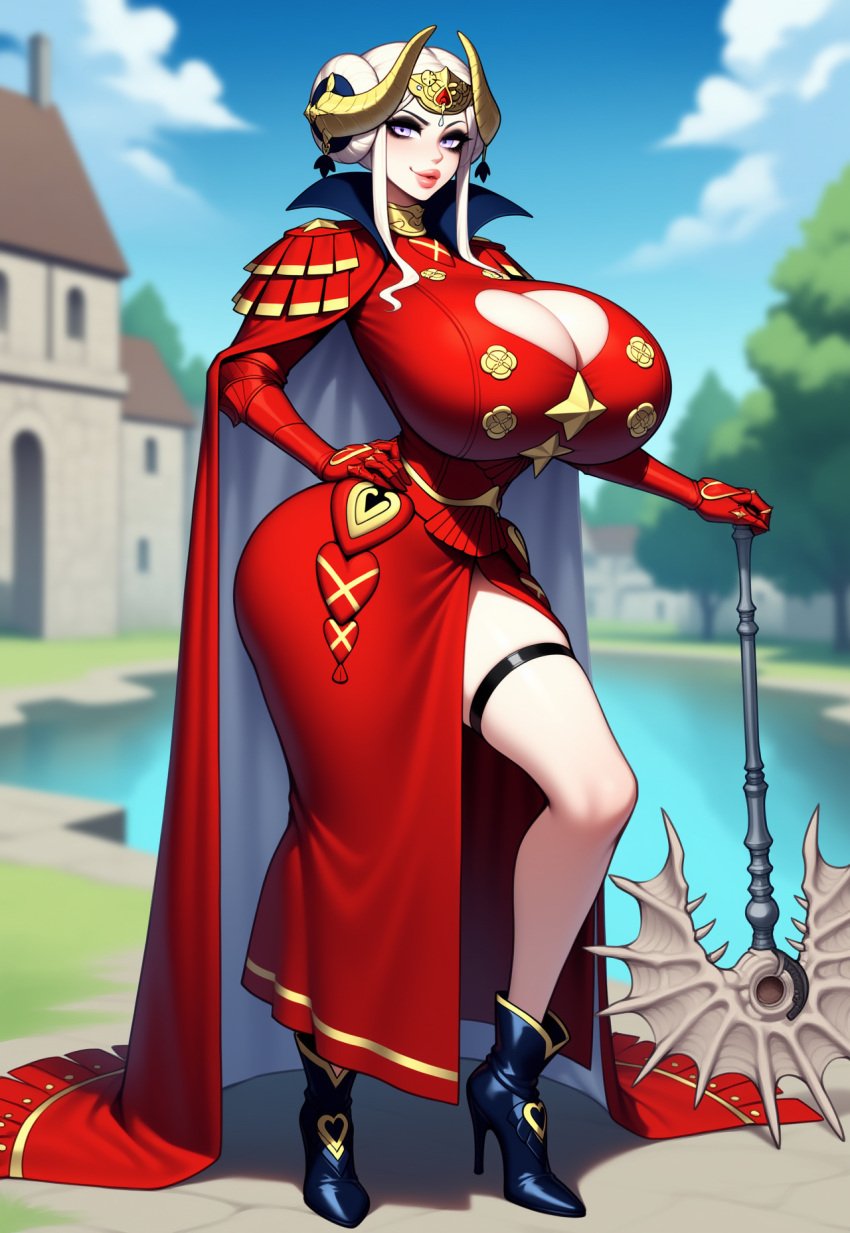 1girls ai_generated ankle_boots armor axe bent_legs bimbo bimbo_body bimbo_lips bimbofication bimbofied boots breasts cape cloak dress edelgard_von_hresvelg eyeshadow female fire_emblem fire_emblem:_three_houses full_body fully_clothed gauntlets gigantic_ass gigantic_breasts hand_on_hip high_heel_boots high_heels huge_ass huge_breasts lipstick long_dress massive_breasts medieval novelai outdoors outside planted_weapon pond seductive seductive_smile side_slit smile smirk solo solo_female stiletto_heels stone_wall tgm101_(artist) thick_lips thick_thighs thigh_strap thin_waist wide_hips