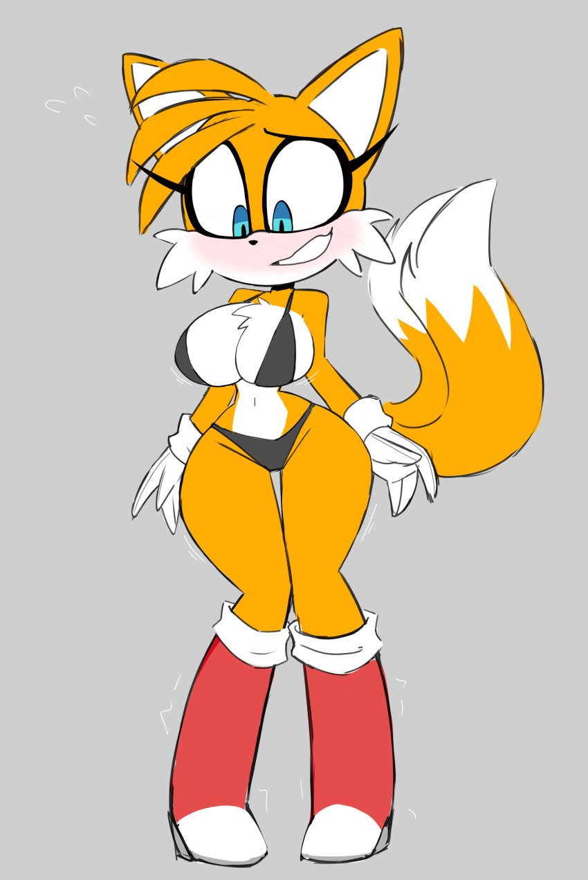 2_tails absurd_res anthro awkward_smile big_breasts bikini blush boots bouncing_breasts breasts canid canine cleavage clothed clothing embarrassed eyelashes female footwear fox gloves handwear hi_res huge_breasts mammal mtf_crossgender multi_tail nelljoestar raised_tail rule_63 sega shoes solo sonic_(series) sonic_the_hedgehog_(series) swimwear tail tails tails_the_fox tailsko two-piece_swimsuit wide_hips