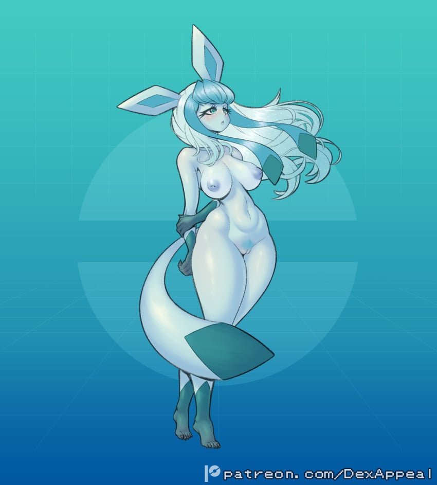 areola blue_areola blue_body blue_eyes blue_fur blue_hair blue_nipples breasts canid dex_appeal eeveelution female fur generation_4_pokemon genitals glaceon hair hi_res humanoid inverted_nipples mammal navel nintendo nipples nude pokemon pokemon_(species) pokemorph pubes pussy simple_background solo tail