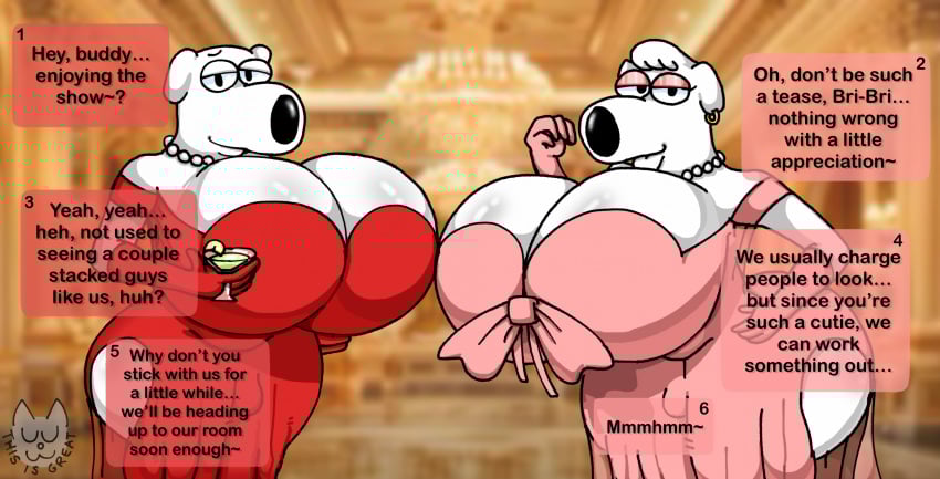 alternate_version_at_source ass ballroom big_breasts big_butt breasts brian_griffin canid canine canis classy clothing dialogue domestic_dog dress duo family_guy futanari genitals hi_res huge_breasts huge_butt hyper hyper_breasts imminent_sex implied_incest intersex jasper_(family_guy) mammal penis propositioning small_penis text_box thick_thighs wowthisisgreat