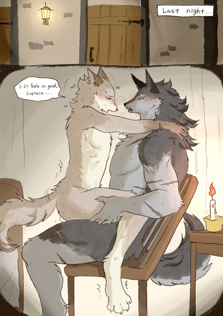 2026 absurd_res anal anal_sex anthro bedroom black_nose blush blush_lines bodily_fluids brown_body brown_fur candlelight canid canine canis claws closed_eyes comic curling_toes duo english_text facial_scar feet flashback fluffy fluffy_tail fur grey_body grey_fur hi_res kemono knight light lovebuffpg45 male male/male male_penetrated male_penetrating male_penetrating_male mammal medieval military motion_lines no_pupils nude nude_anthro nude_male on_lap penetration pink_nose pointy_ears scar scars_all_over sex sitting_on_another sitting_on_lap size_difference soldier tail tan_body tan_fur tears tears_of_pleasure text toe_claws warrior white_body white_fur wolf