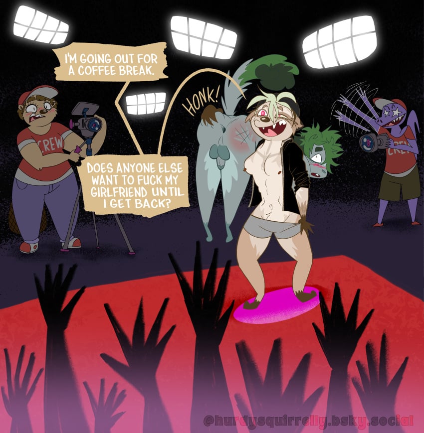 absurd_res after_sex albino alternative_fashion ambiguous_gender anthro anus ass backsack balls beaver blush bright_light butt_grab butt_slap butt_smack camera cameraman carrying_another chest_tattoo clothing comic crust_punk dialogue dressing_self female fireman's_carry genitals grey_squirrel group gynomorph hair hand_on_butt hi_res houston_(hurdysquirrelly) hurdysquirrelly imminent_sex intersex intersex/female lizard male mammal messy_hair muscular muscular_female penis porn_star porn_studio pornography presenting presenting_anus presenting_hindquarters procyonid propositioning punk raccoon recording regina_(hurdysquirrelly) reptile rodent scalie sciurid slap smacking_ass squirrel studio surprised tattoo topeka_(hurdysquirrelly) trans_(lore) trans_woman_(lore) tree_squirrel underwear windsor_(hurdysquirrelly)