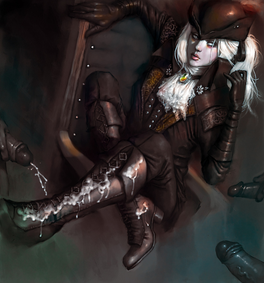 1girls 3boys black_penis bloodborne bootjob boots chair chris3000 clothing coat cum cum_on_boots cum_on_shoes female fromsoftware gangbang gloves group_masturbation group_sex hat lady_maria_of_the_astral_clocktower long_hair male masturbation painting_(artwork) penis shoejob surrounded_by_penises uncensored