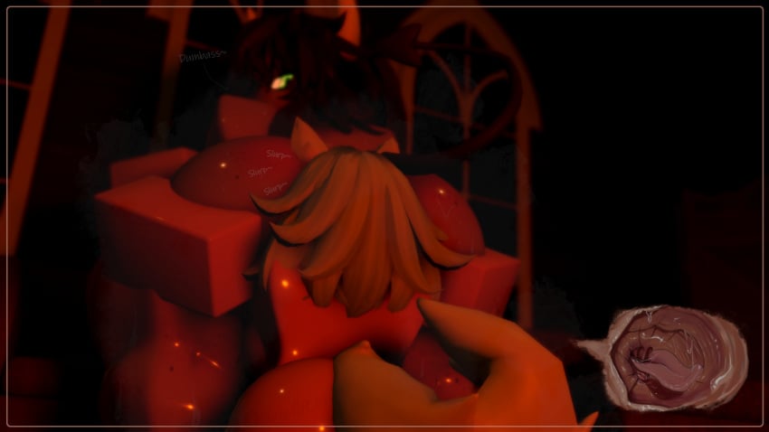 2girls 3d blue_hair brown_hair butt_licking catgirl cow_girl green_eyes highres horns internal_view musk no_men norarr34 roblox robloxian sweat tail tan_skin text twitter_username watermark white_skin yuri