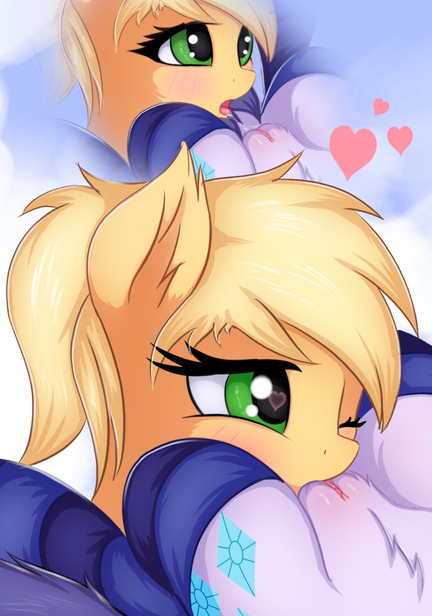 <3_eyes 2017 applejack_(mlp) blonde_hair blush cunnilingus cutie_mark duo earth_pony equine female feral friendship_is_magic green_eyes hair heart hi_res horn horse mammal my_little_pony oral pony pussy rarity_(mlp) sex tongue twiren vaginal_penetration yuri