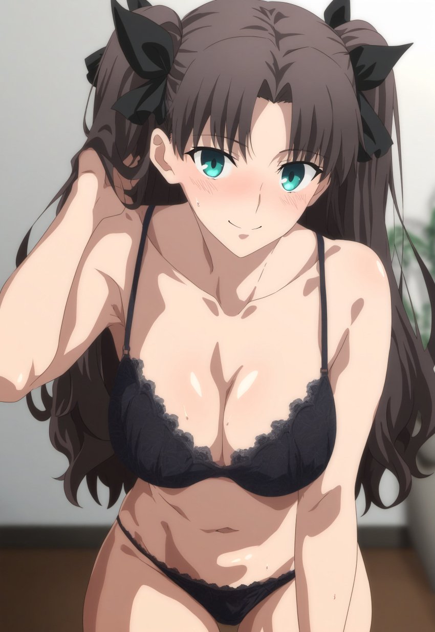 1girl ai_generated blue_eyes blush dark_hair fate/stay_night fate_(series) lingerie only_female smile tofuro tohsaka_rin