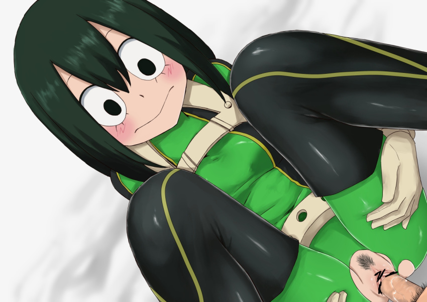 1boy 1boy1girl 1girls :> bar_censor beige_gloves black_eyes black_legwear blush bodysuit boots breasts censored clitoris closed_mouth erection female gloves green_hair hair_between_eyes hero_outfit_(mha) leg_lift looking_at_another lying male_pubic_hair medium_breasts meronshiroppu missionary my_hero_academia on_back open_clothing penis pointless_censoring pubic_hair pussy ripped_clothing skin_tight solo_focus straight thighhighs torn_bodysuit torn_clothes tsuyu_asui vaginal_penetration