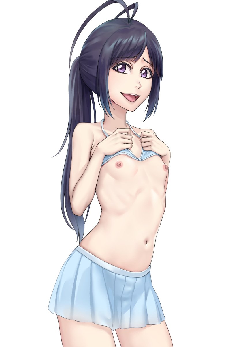 1boy ahoge bleach bleach:_the_thousand-year_blood_war crossdressing femboy flat_chest frilled_skirt giselle_gewelle liao_kj male nipples ponytail purple_eyes showing_breasts trap