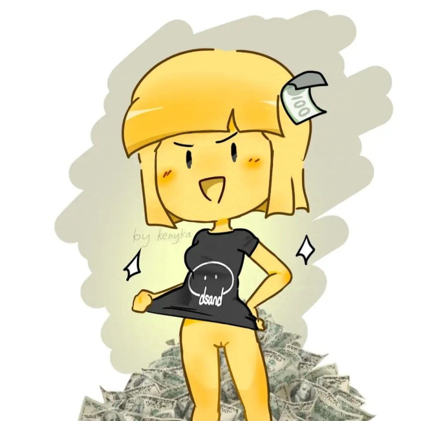 ella_(dsand) english_text kenyka_(artist) money nude smile t-shirt text yellow_skin