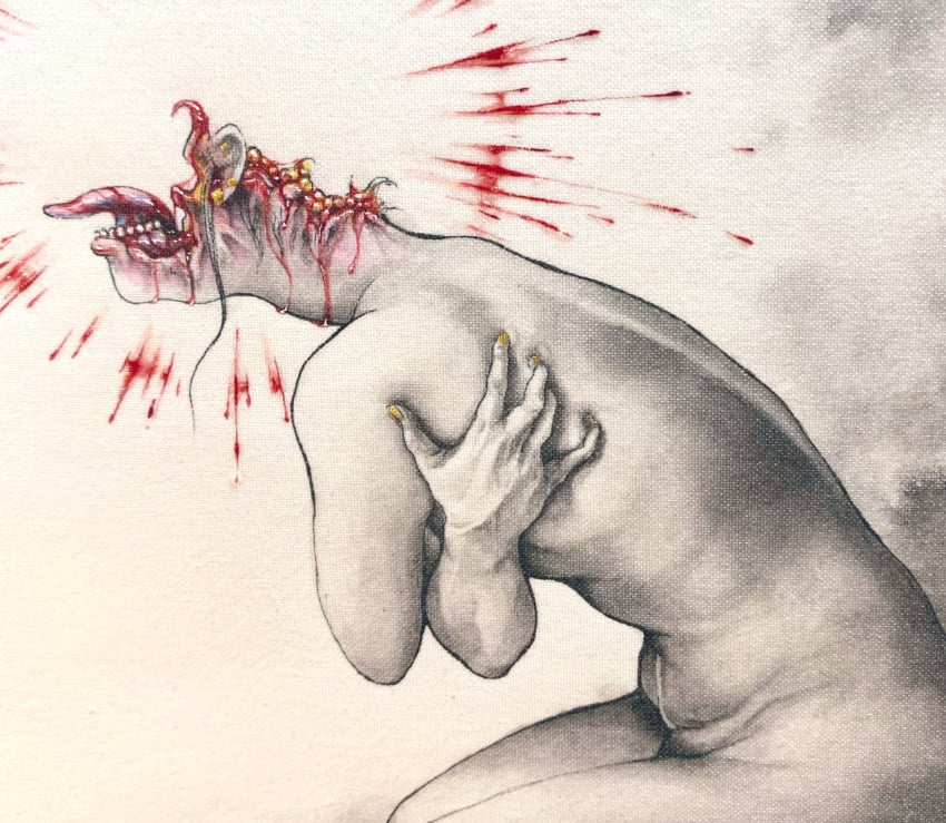 bleeding blood blood_splatter commentary_request completely_nude decapitation female guro highres meimaro nude original painting_(medium) pale_skin self_hug solo teeth tongue traditional_media yellow_nails