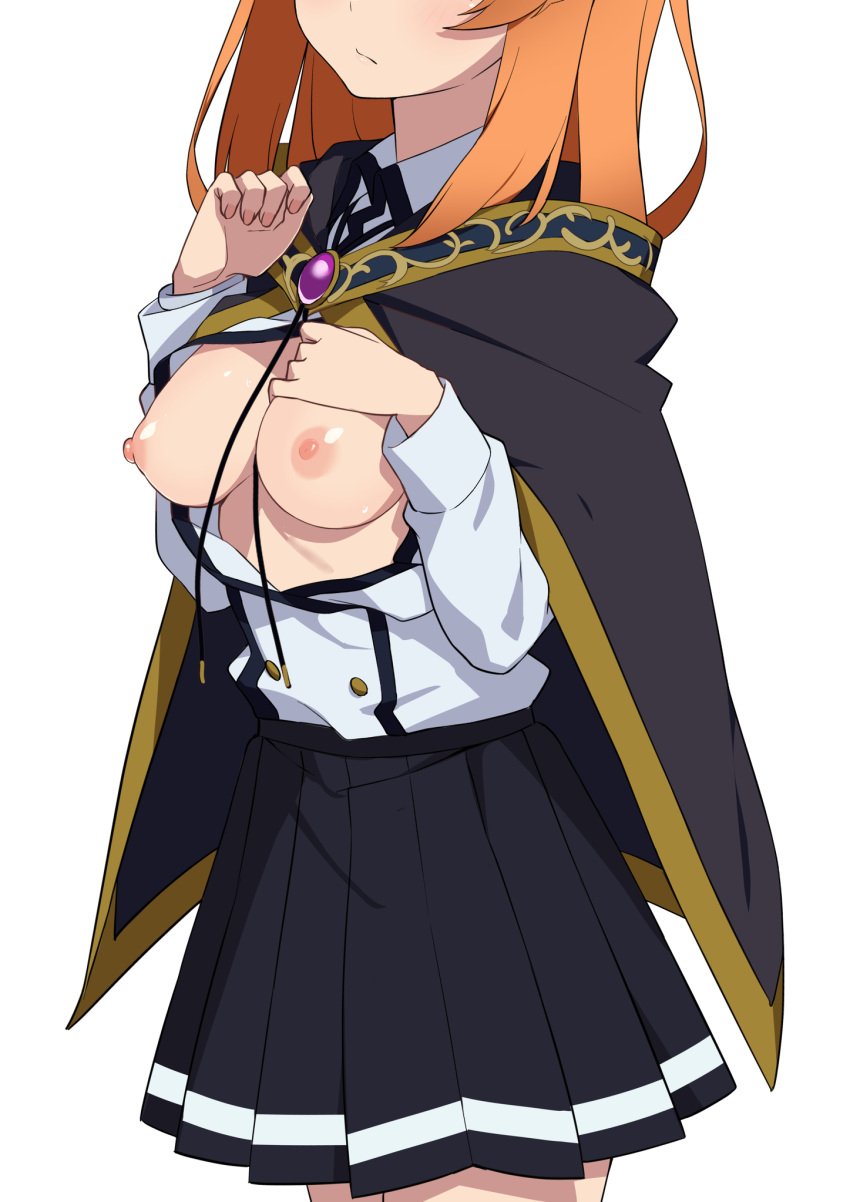 blush breasts_out colette_loire eyes_out_of_frame female_focus frown large_breasts long_hair morisobo open_shirt orange_hair tsue_to_tsurugi_no_wistoria white_background