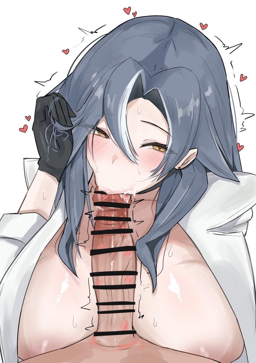 1boy 1girls 34ltiki_(l_tiki) azur_lane bar_censor black_glove blowjob blush breasts censored chkalov_(azur_lane) cleavage fellatio glove grey_hair heart huge_breasts kiss_marks light-skinned_female light-skinned_male light_skin lipstick_marks lipstick_on_penis male_pov northern_parliament_(azur_lane) penis pov saliva sweat yellow_eyes