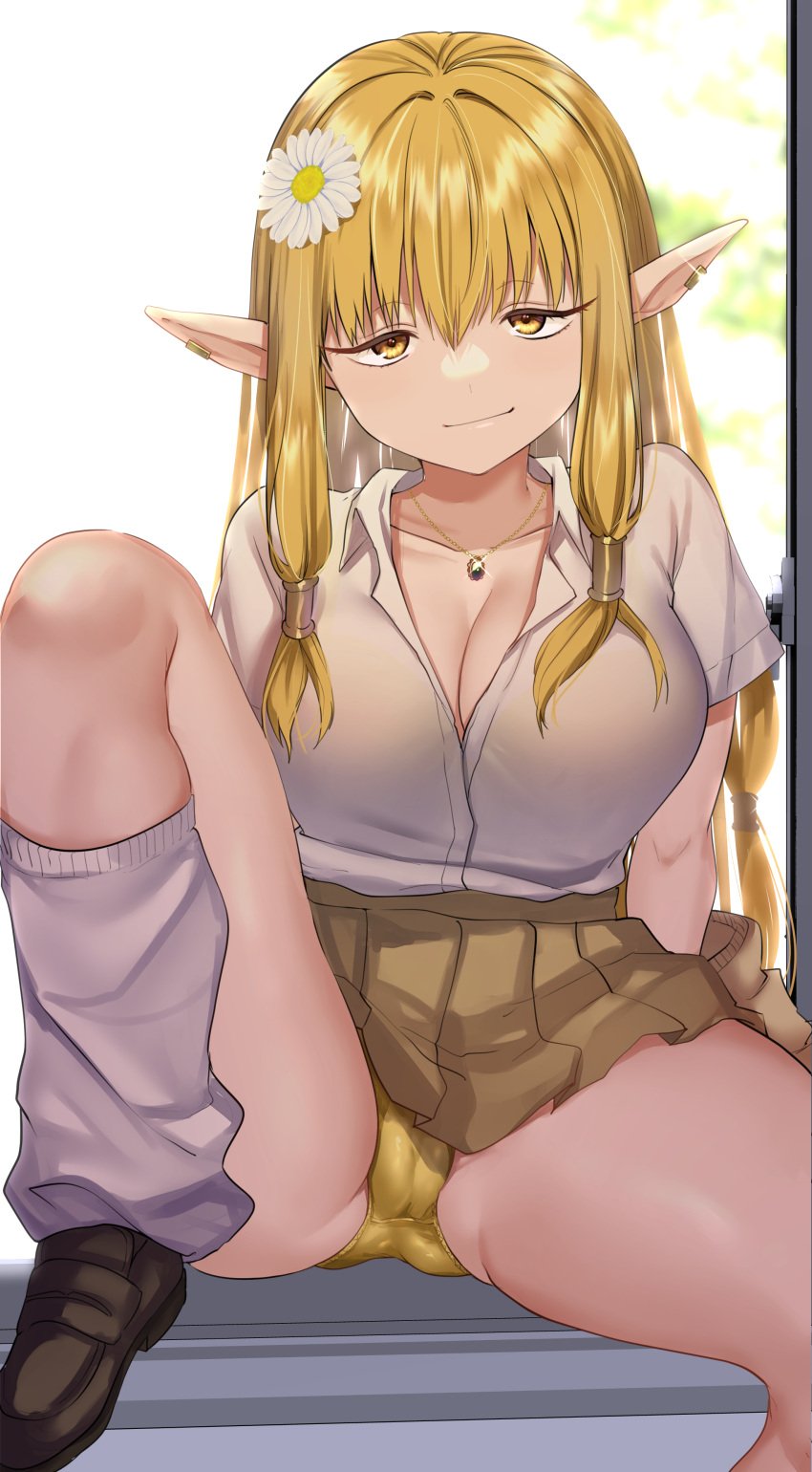 1girls ass blonde_hair breasts cleavage earrings elf elf_ears elf_female elf_girl female female_only flower flower_in_hair frieren_beyond_journey&#039;s_end kazehana_(spica) large_breasts looking_at_viewer necklace panties serie_(sousou_no_frieren) sitting solo solo_female sousou_no_frieren spread_legs thick_thighs thighs yellow_eyes yellow_panties