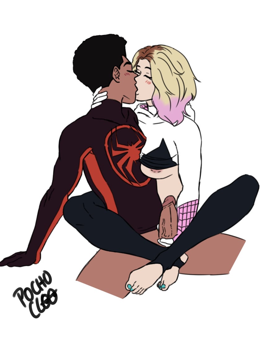 2d barefoot blonde_hair blue_toenails breasts canon_couple couple couple_(romantic) dark-skinned_male feet feet_focus feet_together female full_color gwen_stacy gwen_stacy_(spider-verse) handjob handjob_from_behind in_love interracial kissing legs legs_wrapped_around_partner legwear loving_couple marvel marvel_comics miles_morales partially_clothed pochoclogigi spider-gwen spider-man spider-man:_across_the_spider-verse spider-man:_into_the_spider-verse spider-man_(series) superhero superheroine toes