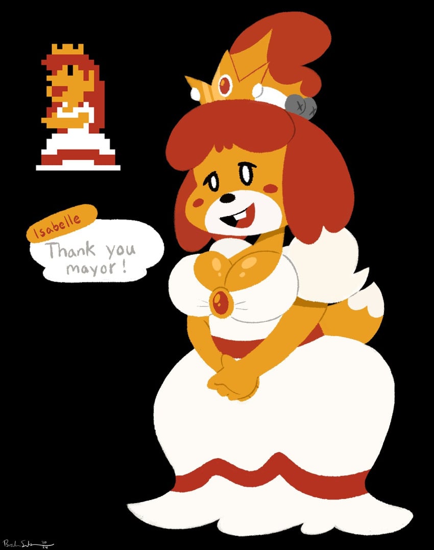 1girls animal_crossing anthro anthro_only big_breasts breasts clothed crossover female furry furry_female furry_only imrachets isabelle_(animal_crossing) mario_(series) nintendo princess_peach_(cosplay) reference_image tagme