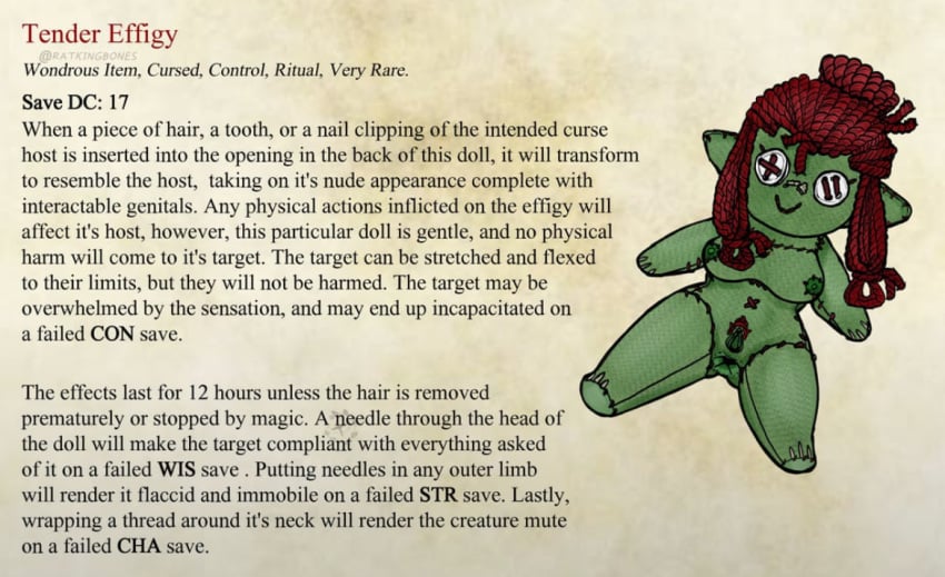 button_eyes cursed cursed_item cursed_object description dnd doll dungeons_and_dragons goblin goblin_female magic_item ratkingbones text third-party_edit voodoo_doll