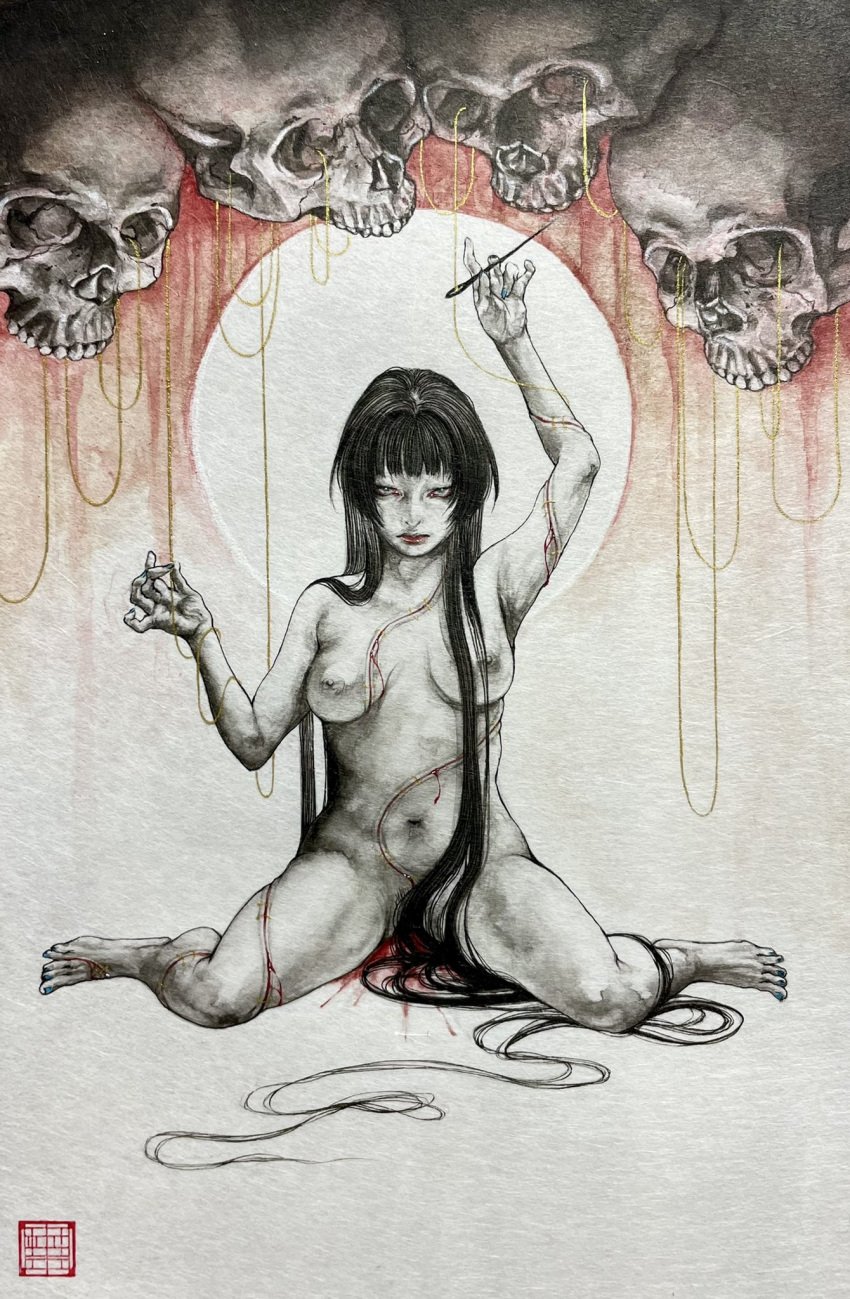 arm_up black_hair bleeding blood breasts commentary_request completely_nude cuts expressionless female hair_censor highres holding holding_needle injury long_hair looking_at_viewer medium_breasts meimaro needle nipples nude original painting_(medium) red_lips sewing_needle sitting skull solo thread traditional_media very_long_hair