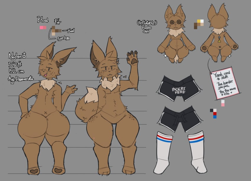 anthro ass clothing_aside front_and_back hand_on_hip lnhalerichard looking_at_viewer male neck_tuft nude nylon_(lnhalerichard) pull_cord reference_sheet shorts stockings thick_thighs tongue_out voodoo voodoo_doll