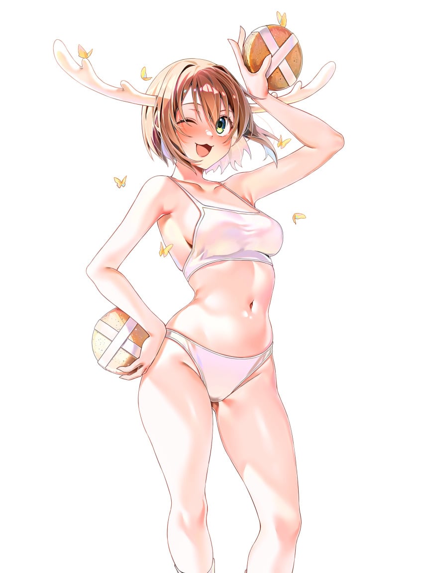 antlers armpits ass_visible_through_thighs bare_arms bare_belly bare_legs bare_shoulders bare_thighs belly_button blush breasts brown_hair cleavage collarbone color deer female female_only fully_clothed green_eyes groin hip_bones horns machulanko medium_breasts one_eye_closed open_mouth panties revealing_clothes shikanoko_noko shikanoko_nokonoko_koshitantan short_hair sideboob smile sports_bra thighs underwear white_panties white_sports_bra white_underwear wink