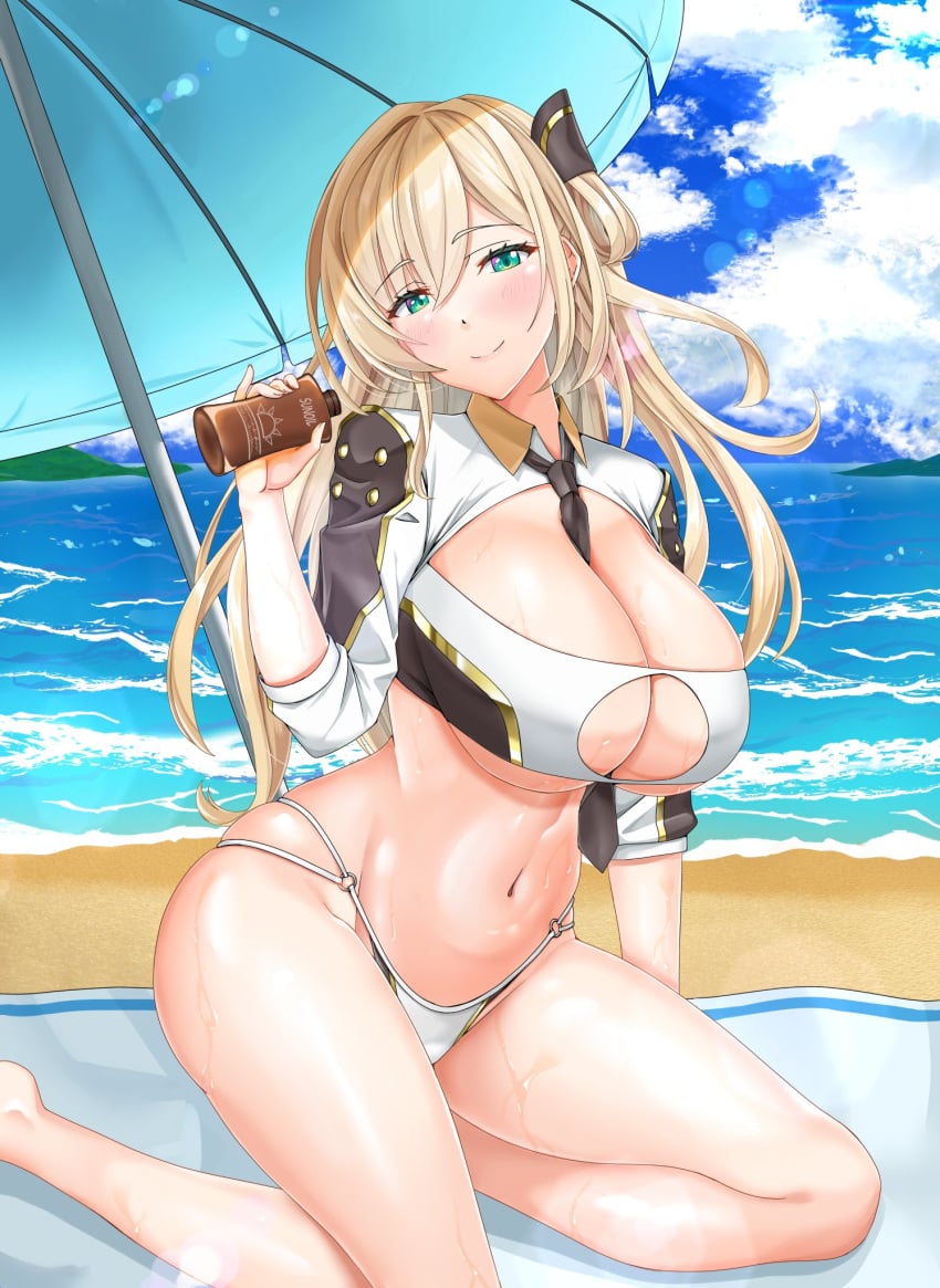 beach bikini blonde_hair daiyp1 duel_monster green_eyes large_breasts sky_striker_ace_raye sunscreen tie umbrella yu-gi-oh!