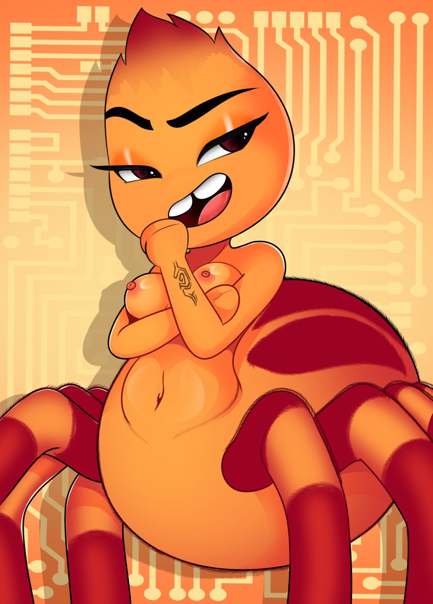 anthro breasts dreamworks ms._tarantula_(the_bad_guys) nude orange_background small small_breasts sonson-sensei tarantula tattoo the_bad_guys