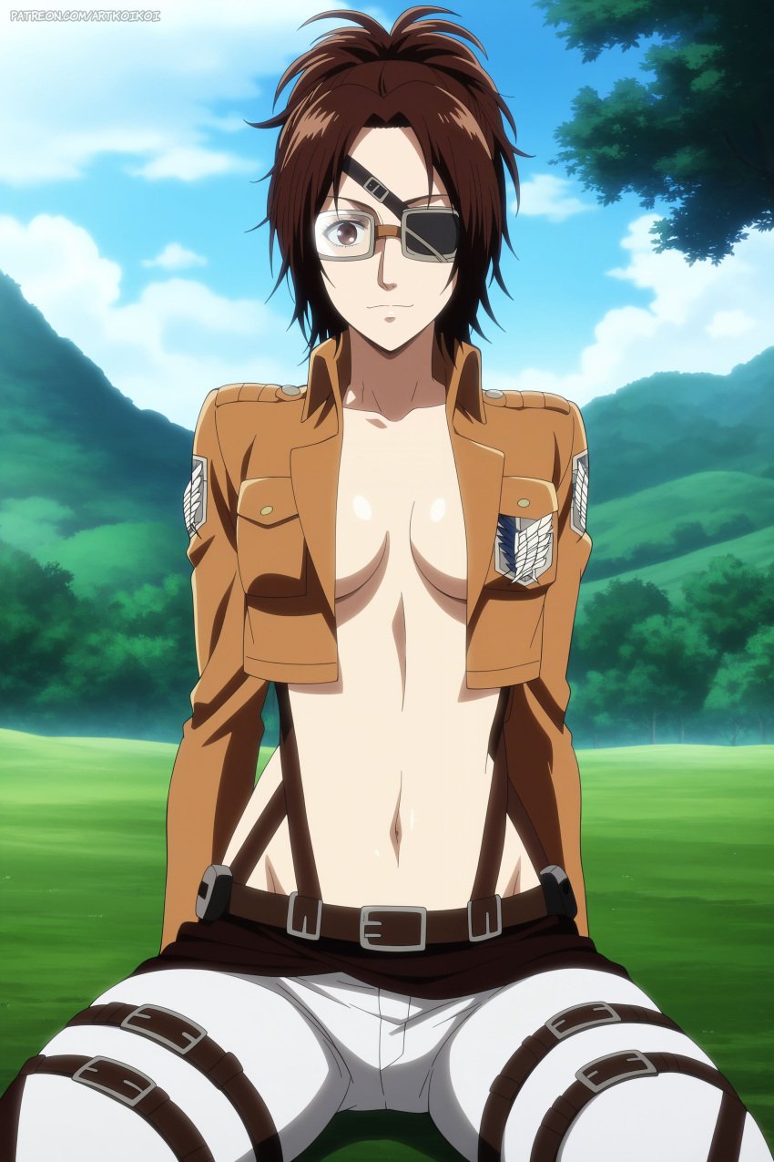 1girls ai_generated artkoikoi attack_on_titan breasts brown_hair clothed eye_contact female female_focus forest glasses hanji_zoe looking_at_viewer no_bra outdoors partially_clothed shingeki_no_kyojin solo solo_female