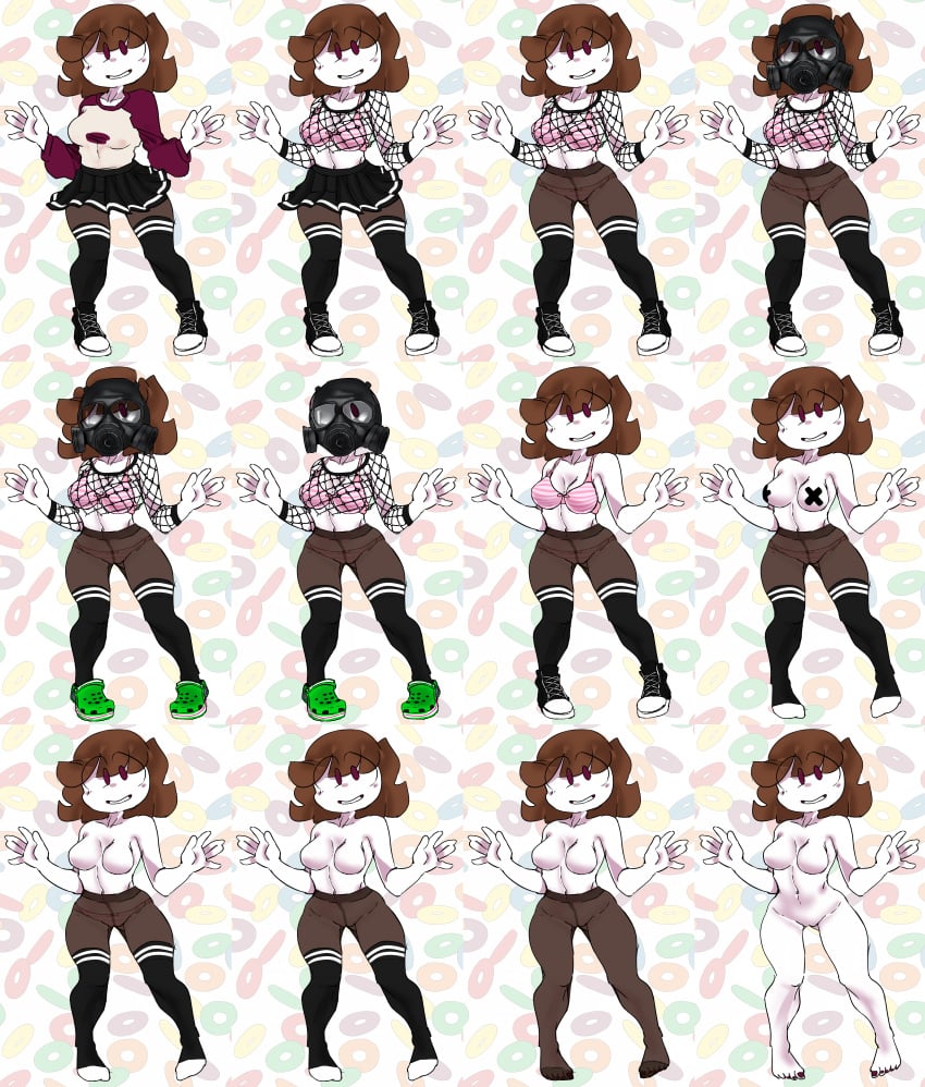 1girls 2020s big_eyes black_skirt brown_hair candy_girl crocs cute cute_face female fishnet_clothing fishnet_topwear fishnets gas_mask gummy_creature happylikeawall happylikeawall_(artist) living_candy looking_at_viewer naked naked_female no_nipples no_vagina oc original_character pale-skinned_female pale_skin pale_skinned purple_eyes self_insert skirt smiling smiling_at_viewer strip_game toony youtube youtube_avatar youtuber youtuber_girl