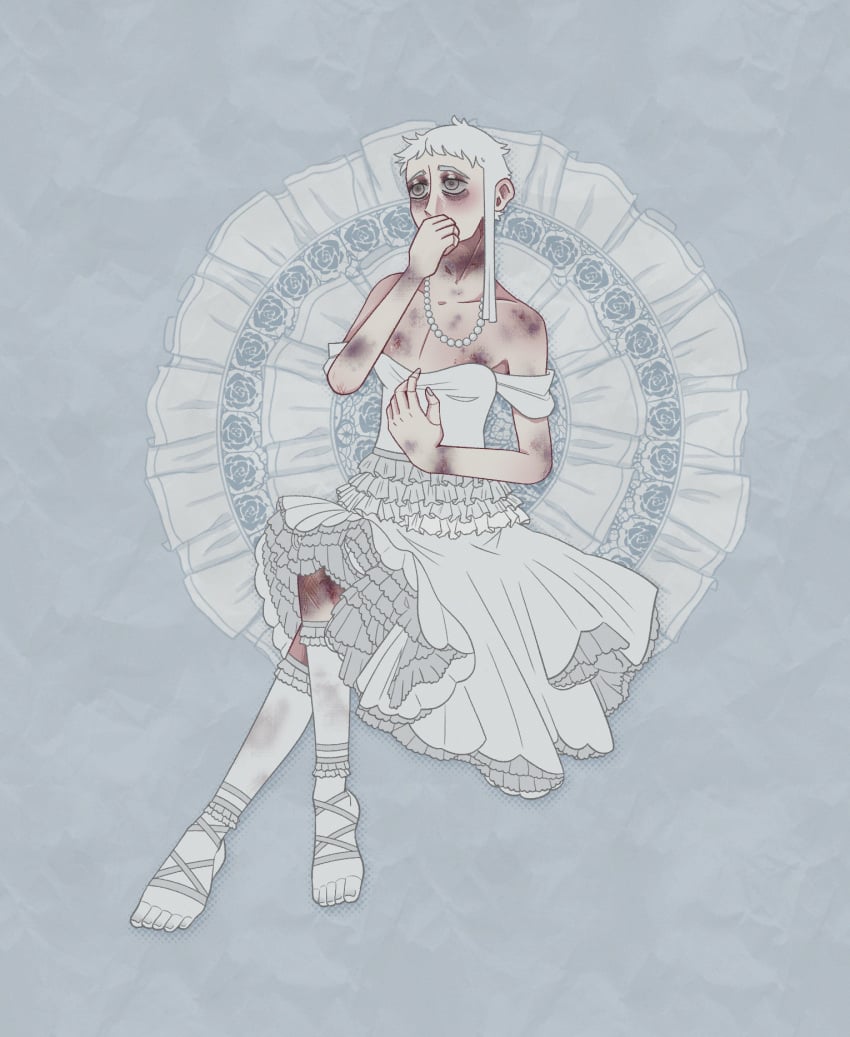 artbyawnie awnie bondage boy bruise bruised bruised_leg bruises crossdressing dress frills human humanoid lolita_fashion painted_nails pearl_necklace sel_(awnie) sel_(oc) selenite_(awnie) selenite_(oc) white_dress white_hair white_nail_polish white_nails white_skin